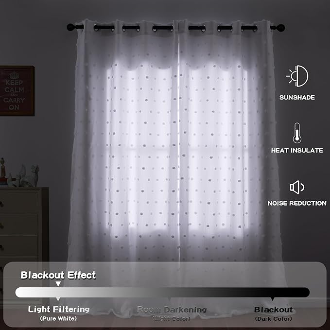 MYSKY HOME Long Curtains for Sliding Glass Door 95 Inch Length White Pom Pom Sheer Curtain Panels for Living Room Double Layer Light Filtering Window Drapes for Girls Kids, White, 52" Wide, Set of 2