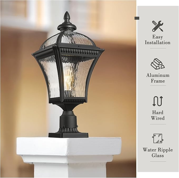 Emliviar 22" Outdoor Lighting for Post, Black Exterior Lamp Post Light Fixture for Yard, Aluminum Pillar Light with Water Ripple Glass, XE266P-SW BK