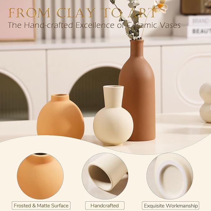 Ceramic Vase Set of 3 - Handcrafted Ceramic Vases for Home Decor & Shelf - Modern Farmhouse Decor for Kitchen, Office, Bedroom & Living Room Decorative Objects for Mantel, Table Centerpieces