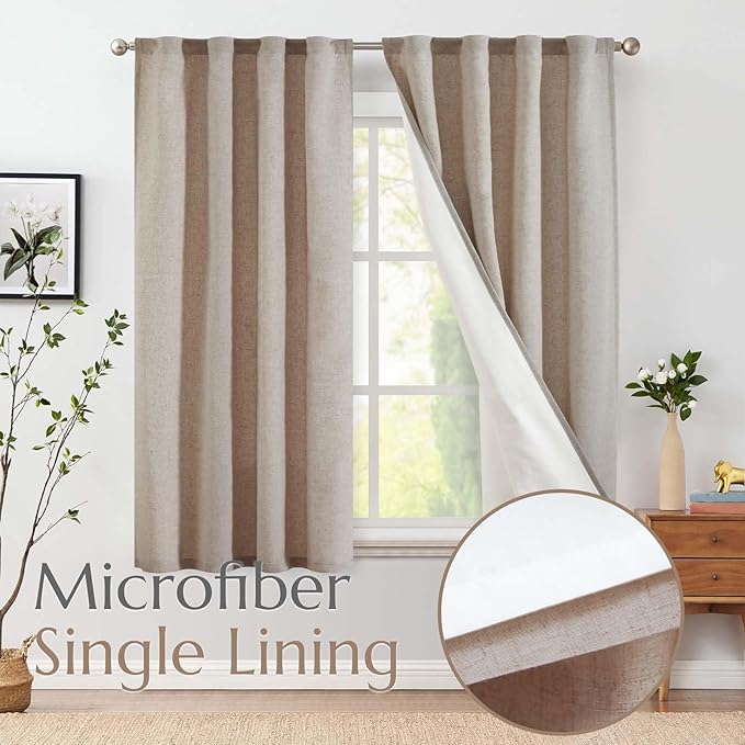 jinchan Linen Curtains with Privacy Lining 63 Inch Length Taupe Brown Farmhouse Closet Lined Drapes for Small Narrow Window Bedroom Living Room Bay Window 2 Panels Rod Pocket Back Tab