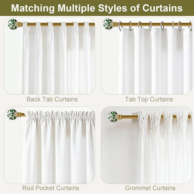 Ceramic Curtain Rods Gold Set of 2 for Windows 28 to 48 Inches Adjustable Length Duty 1" Diameter Window Curtain Rod with Modern Green Leaf Pattern Decorative Finials for Bedroom Living Room Kitchen