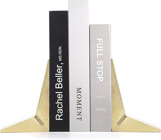 Cast Iron Geometric Decorative Bookends, Sharp Triangle Theme, Heavy Duty, Set of 2 Gold