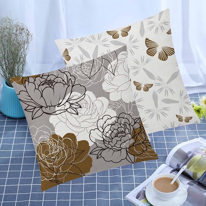 COMMINY Brown Grey Pillow Covers 20x20 Set of 6 Decorative Daisy Flower Throw Pillow Cover for Couch Modern Coffee Pillow Case for Patio Living Room Cushion Bed Farmhouse Home Decor