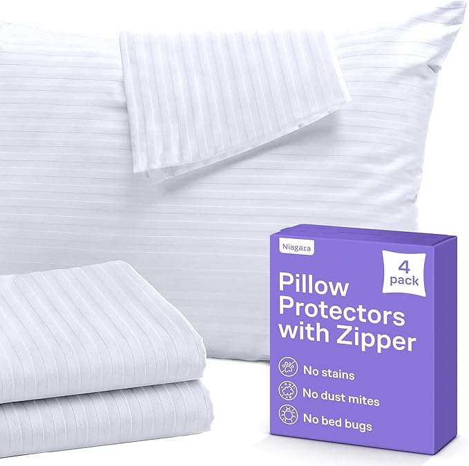 Set of 4 Pillow Protectors with Zipper Queen Size - 100% Resistant to Stains, Dust & Dirt - Washable Covers for Increased Pillow Lifespan