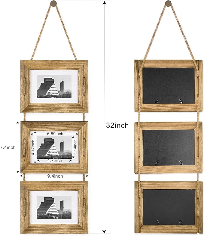 DLQuarts 5x7 Hanging Picture Frames Collage Wall Decor, 3-Opening Photo Frames 5x7 without Mat & 3.5x5 with Mat, Rustic Wood, Carbonized Black