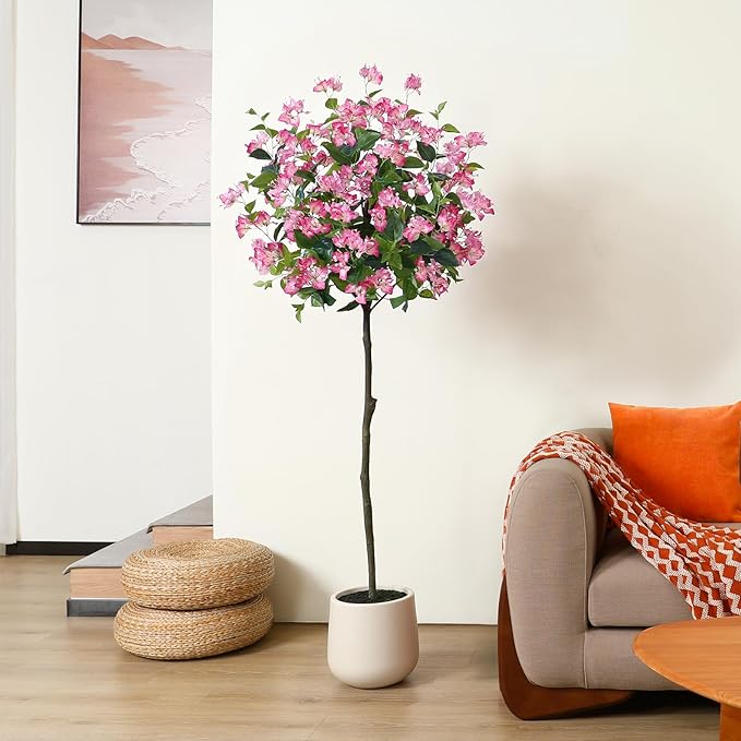 6FT Artificial Bougainvillea Tree- Faux Pink Silk Flowers in White Imitation Ceramic Planter - Fake Plants for Indoor Home Office and Living Room Decor - Perfect Housewarming Gift