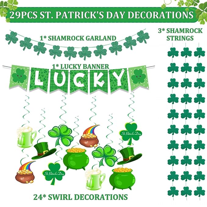 Go Ho St Patricks Day Decorations Kit, Shamrock Garlands, Lucky Banner, Clover Hanging Swirls, Irish Decor for Home Office, Green Saint Patrick's Day Party Supplies Bulletin Board