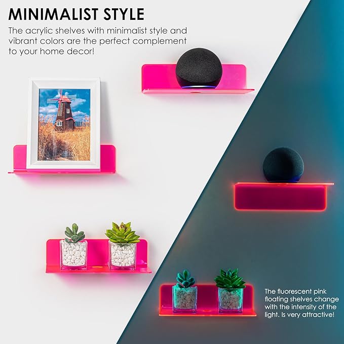 OAPRIRE Acrylic Floating Shelves Set of 2 - Easily Expand Wall Space - Small Wall Shelf with Strong Adhesive for Bedroom, Kids' Room, Bathroom, etc (Fluorescent Pink)
