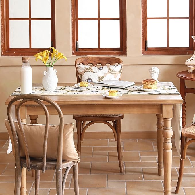 Rectangle White Flower Table Runner 102 Inches Long,Vintage Rustic Farmhouse Linen Floral Table Runners,Fall Decorations for Home Thanksgiving Christmas Party.12"*102" Inches-Hidaka