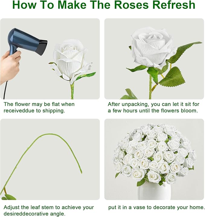 Artificial Flowers Roses Touch Fake Rose Bouquet Flower Stem for Wedding Centerpieces DIY Wreath Home Decorations Silk Roses Mothers Party Fake Outdoor Flowers Decor 19.6"(50PCS White)