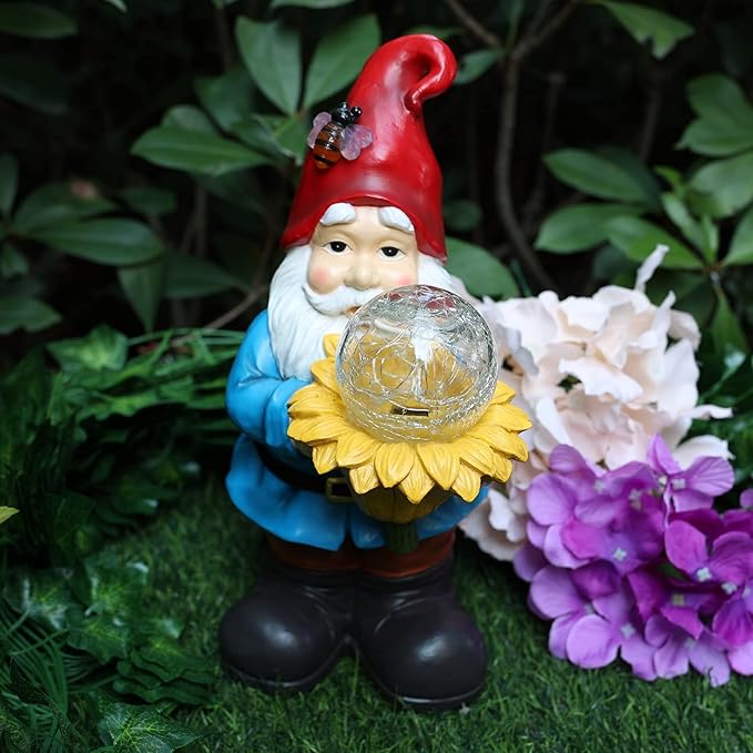 Solar Gnome Waterproof - Large Garden Gnome Funny Solar Outdoor LED Lights Resin Statues Lantern Figurines Xmas Decorations Birthday Housewarming Gifts for Mom Women (Sunflower Gnome(Warm White))
