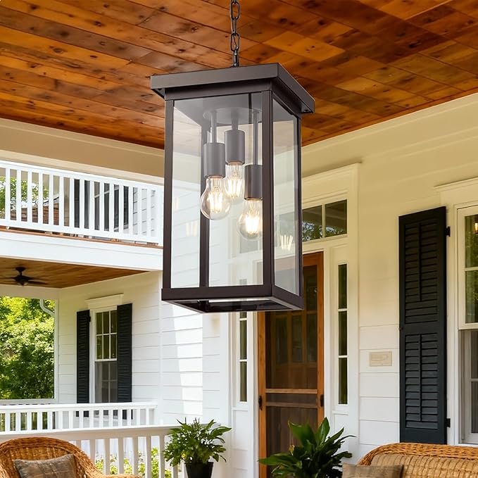 LOUSACE 16'' Large Outdoor Pendant Light 3-Lights Oil Rubbed Bronze Outdoor Chandelier Exterior Hanging Porch Light Fixtures Adjustable Ceiling Mount Outside Pendant Lantern for Entryway Front Door