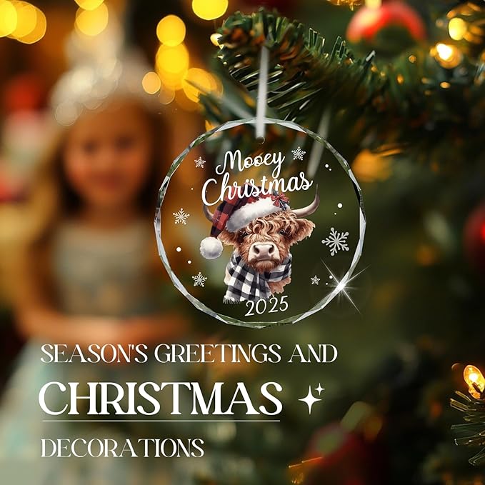 Christmas Ornaments 2025, Highland Cow Ornament for Christmas Tree Rustic Farmhouse Mooey Decorations Western Holiday Decor for Women Bestie Cow Lovers, Glass Christmas Tree Decorations
