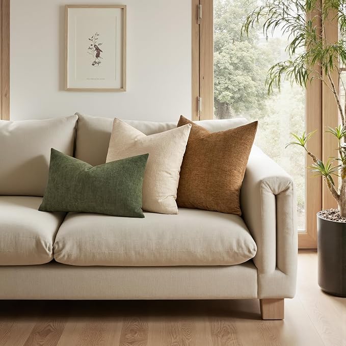MIULEE Olive Green Couch Pillow Covers 12x20 Inch, Set of 2 Soft Chenille Decorative Lumbar Throw Pillow Covers Farmhouse for Sofa Living Room Bed