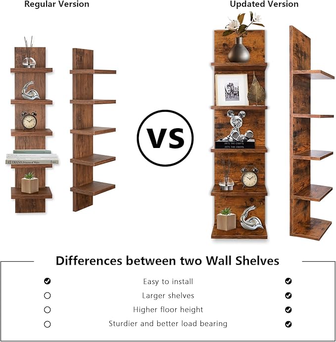 Homaterial 5 Tier Wall Shelf, Wall Mounted Shelves Unit for Living Room Bedroom, Floating Shelves Decor Organizer Tall, Rustic Brown