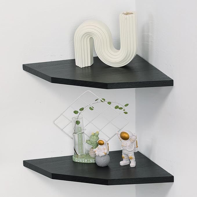Joiishom Wood Corner Wall Shelves Set of 2, Solid Wood Corner Floating Shelves, Round End Wall Mounted Floating Corner Shelf for Bedroom, Living Room and Kitchen (Black-12 inch)
