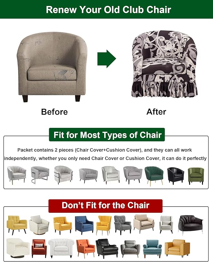 CRFATOP 2 Piece Club Chair Slipcover with Skirt Printed Tub Armchair Covers with Seat Cushion Cover Soft Printed Round Barrel Furniture Protector for Bar Counter Living Room,C08
