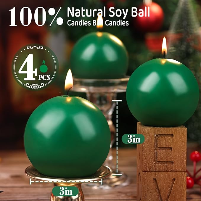 3 Inch Green Round Ball Candles,Elegant Round Pillar Candles,Hand-Poured Natural Soy Candles,26 H Long Burning Time-Dripless Smokeless Candle Dinner Table,for Wedding,Christmas Home Decor 4 Pack