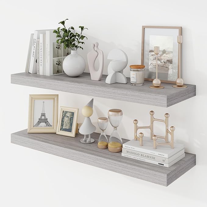 30 Inch Floating Shelves, 9.3" Deep Floating Shelf Wall Mounted, 30" Wall Shelves, Rustic Deep Bookshelf, Large Display Shelves & Storage Shelves for Bedroom, Living Room, Gray, Set of 2