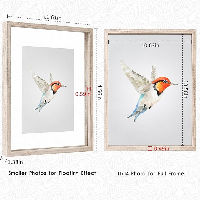 MUYE 11x14 Floating Frames Distressed Beige White Wood Pattern,Double Glass Picture Frame Set of 2 Display Any Size Photo up to 11x14,Wall Mount or Tabletop