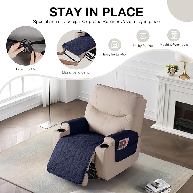 VANSOFY Recliner Chair Covers 100% Waterproof Seat Cover with Arm Reclining Cover Non-Slip Recliner Chair Covers Furniture Protector Washable Slipcover with Pocket for Pets, Dogs(Dark Blue, 28")