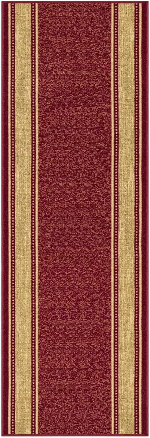 Kapaqua Custom Size Red Gold Beige Bordered Rubber Backed Non-Slip Hallway Stair Runner Rug Carpet 22 inch Wide Choose Your Length 22in X 40ft