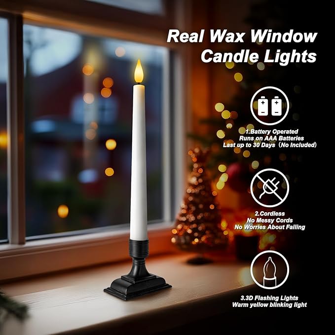 Homemory Wax Window Candles with Remote Timer Dimmer, Battery Operated Candlesticks with Holders, Christmas LED Candlesticks for Window Home Part Decor, 6 Pcs White