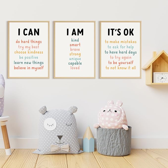 Kids Affirmation Wall Art Positive Canvas Wall Decor Inspirational Quotes Wall Art Motivational Words Pictures Daily Affirmations Poster Nursery Prints for Playroom Children Room 16x24x3 Inch Unframed