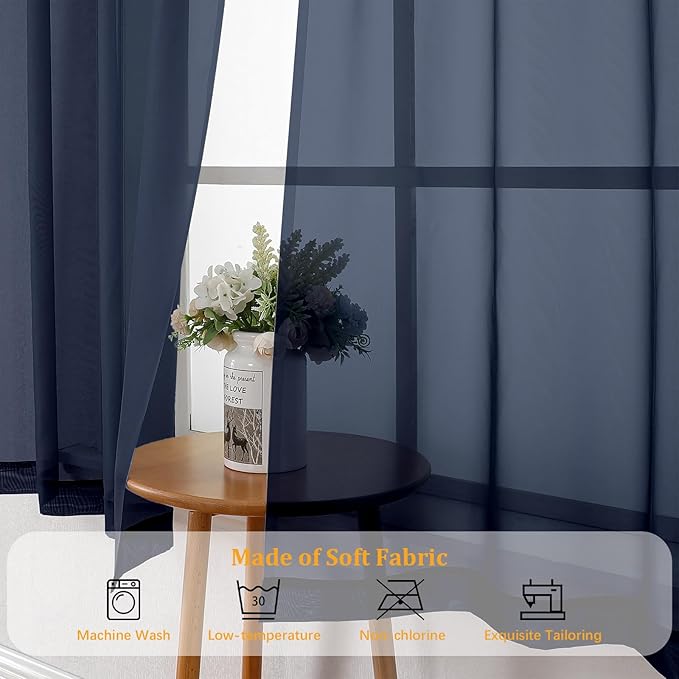 Gwine Navy Blue Sheer Curtain Tiers 24 Inch Length, Light Filtering Voile Short Curtain for Living Room Bedroom, Rod Pocket Cafe Curtains for Small Windows 42x24 Inch, 2PCS