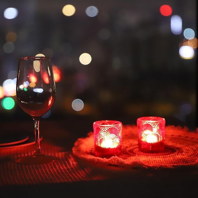 Woho Red Votive Candle Holders Set of 24 Boho Style, Ginkgo Leaves Pattern Tealight Candle Holder for Wedding Table Decor, Vintage Glass Tea Lights Candle Holder for Christmas/Vantines Day Decorations