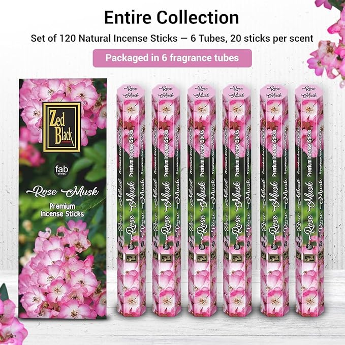ZED Black Rose Musk Incense Sticks - 20 Sticks per Box -& 6 Boxes Inside (Total 120 Sticks) Premium Quality Incense Sticks for Relaxation, Yoga.