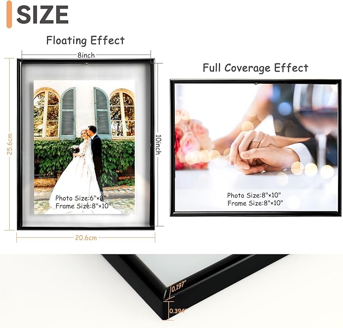 Wall Floating Frame, 8"×10", Black, Wall Mounting or Wall Leaning, For Photo 6×8, 5×7, 4×6, Classy For Thanksgiving, Anniversary, Wedding