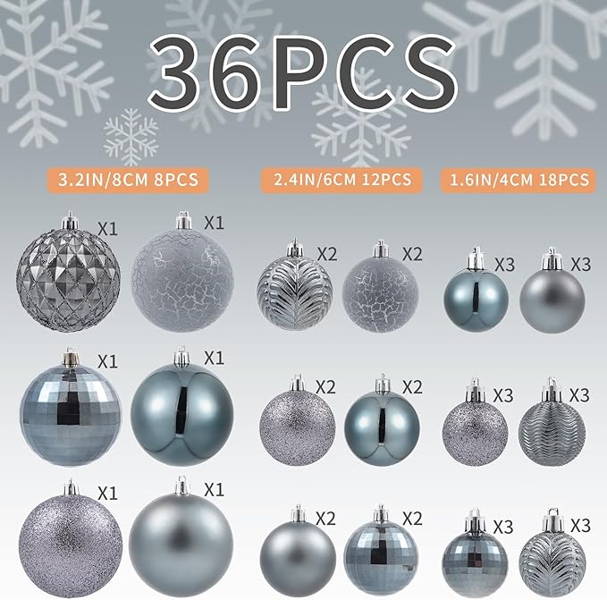 LANGXUN 36pcs Gery Christmas Tree Decorations Balls, Bolas De Navidad, 2025 Christmas Decor, Indoor Outdoor Shatterproof Christmas Ornaments, Xmars Party Wedding Suppiles