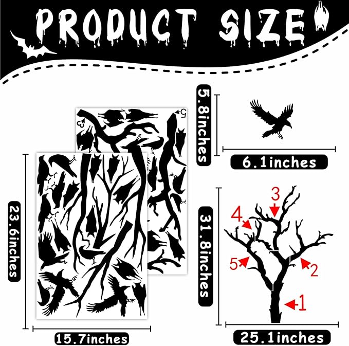 Large Halloween Window Stickers Halloween Tree Walls Decals Bats Stickers Black Bird Crow Decals Peel and Stick Halloweens Tree Branch Wall Art Sticker Halloweens Vinyl Decor for Party Supply Gift