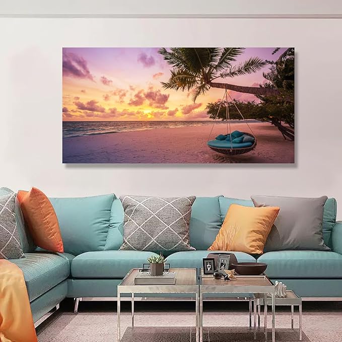 Purple Beach Palm Pictures Canvas Wall Art For Living Room Bedroom Wall Decor,Sunset Wall Art Print Paitnings For Home Decor,Morden Artwork Coconut Tree Canvas Art Ready To Hang-24x48 Inches