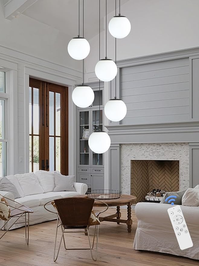 6-Light Black Chandelier with White Globe Glass Dimmable Ceiling Light Glass Pendant Light for Kitchen Island, Dining Room, Living Room, Entry Hallway, LED Bulbs Included