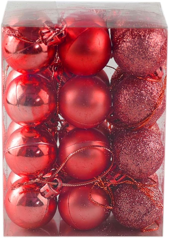 Bestjybt 24pcs 1.18" Small Christmas Ball Ornaments Shatterproof Christmas Decorations Tree Balls for Holiday Wedding Party Decoration, Tree Ornaments Hooks Included (Red, 3cm/1.18")