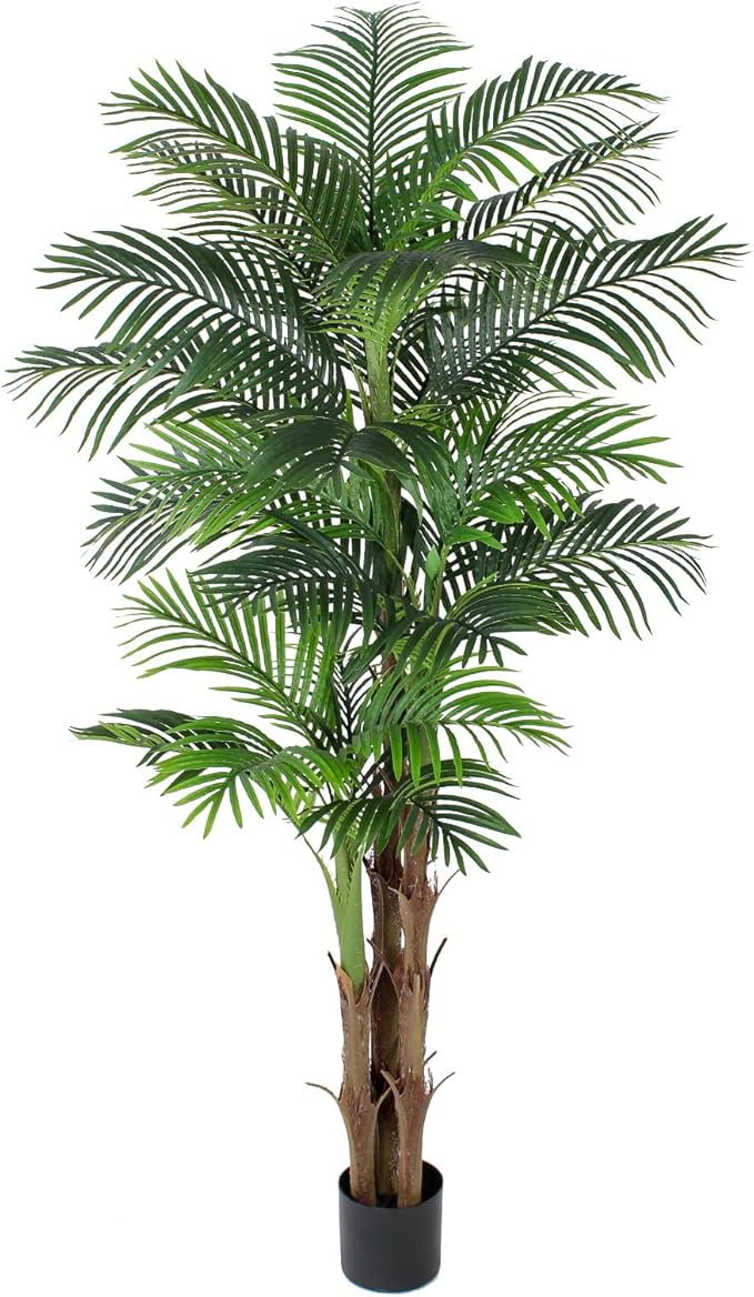 7ft Tall Triple Golden Cane Palm Artificial Tree, Large Topical Fake Tree with 24 Realistic Leaves Artificial Plants in Pot for Indoor Outdoor Home Office Living Room