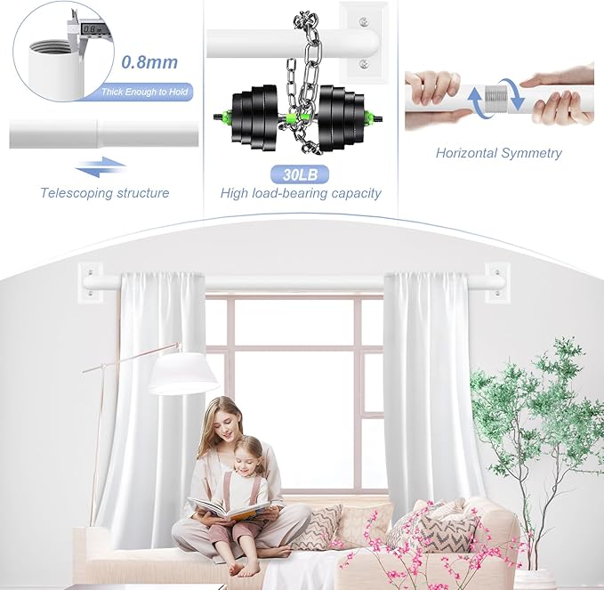 White Wrap Around Curtain Rods 66 to 120 Inch:Blackout Heavy Duty Adjustable Window Curtain Rod for Bedroom Kitchen,Modern Decorative Curved French Metal Single Drapery Rods Easy Install,White