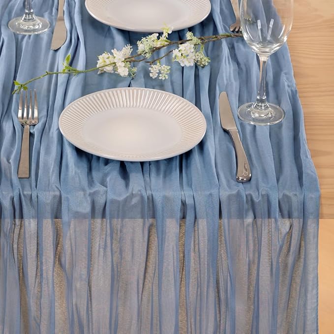 MLMC 3 Pack Dusty Blue Table Runner 10ft Boho Gauze Cheesecloth Valentines Table Runner Bulk 35x120 Inches Rustic Cheese Cloth Decor for Wedding Bridal Shower Baby Shower Party Decor