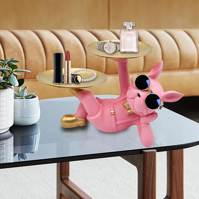 Resin French Bulldog Tray Statue, Lying Bulldog Candy Dish Key Holder Bowl, French Bulldog Accessories, Statues for Office Desk Home Decor Figurines Entryway Table Decor (Pink)