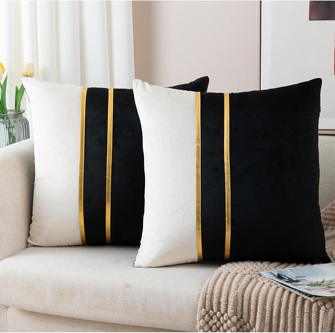ZLINA Set of 2 Velvet Decorative Throw Pillow Covers Black White Patchwork with Gold Leather Pillow Covers 18 × 18 Inch Cushion Covers Decor Living Room Sofa Bedroom Car