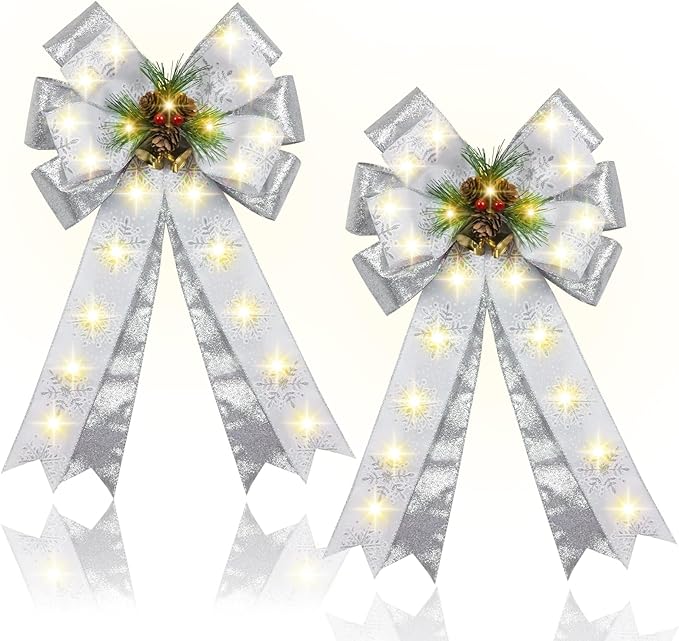2 Pcs Pre-Light Christmas Decorative Bows for Wreath, 20 X 12” Large Christmas Tree Topper Bow with Bells, Berry, Pine Cones, 40 LED Silver Snowflake Ornament Bow for Indoor/Outdoor- White