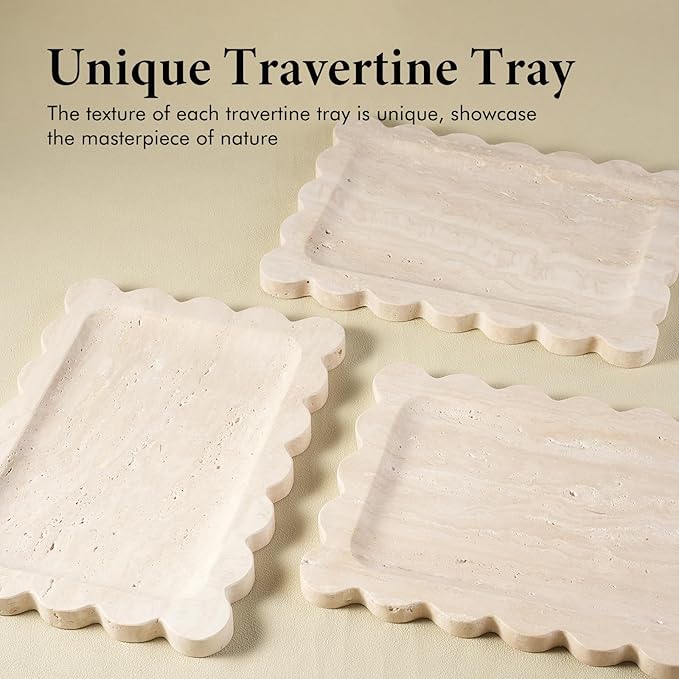 Koville Romano Travertine Tray, 11"x8" Natural Marble Scalloped Tray for Jewelry Cosmetics Perfume Trinket, Stone Vanity Tray for Countertop Bathroom Kitchen Dresser, Travertine Decor(Beige)