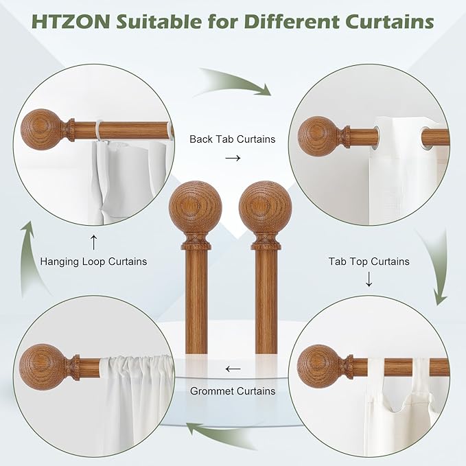 2 Pack Wood Curtain Rods for Windows 18 to 60 Inch,1 Inch Wood Grain Ball Adjustable Curtain Rod,Boho Heavy Duty Curtain Rods,Farmhouse Rustic Window Curtains Rods,Brown Drapery Rods Set 18-60"