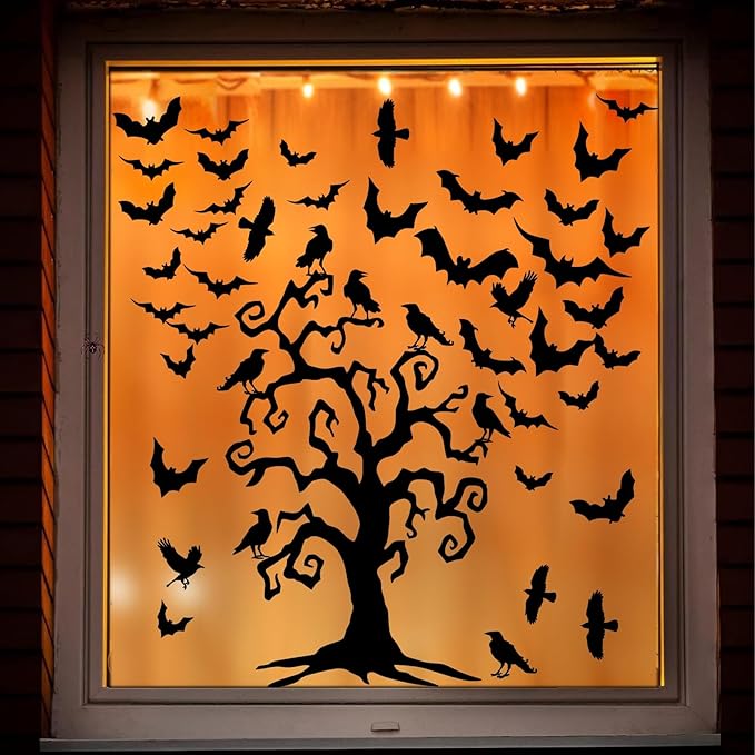 Giant Halloween Window Decals Bats Stickers Halloween Tree Window Stickers Halloweens Wall Decor Decals Peel and Stick Black Crow Branch Vinyl Sticker for Haunted House Party Supplies Windows Decor