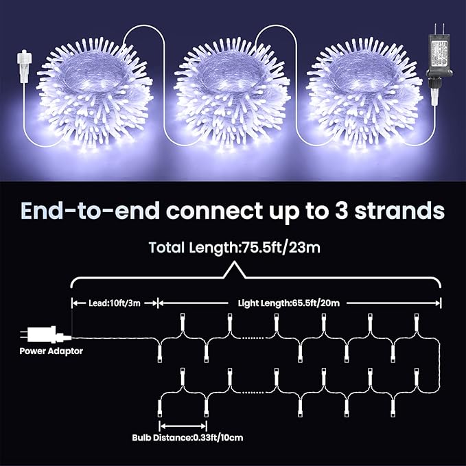 Christmas Lights Cool White, 75 Ft 200 LED Christmas String Lights Connectable, 8 Modes, Timer, Waterproof Fairy Twinkle Lights for Party, Garden, Patio, Home, Wedings, Holiday, Xmas Tree Decorations