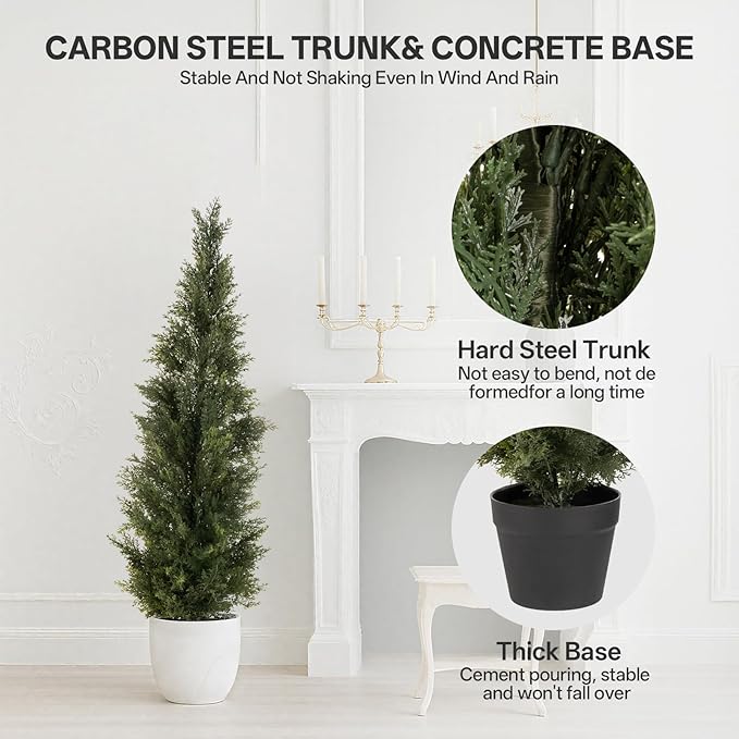 4FT Artificial Cedar Topiary Trees, 2Pack Lifelike UV Protected Faux Cedar Tree Fake Cypress Trees Evergreen Plants for Front Door Decor, Porch, Garden, Entryway