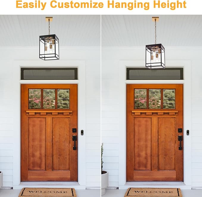 4-Light Outdoor Pendant Lights for Porch, Black & Brushed Brass Outdoor Chandelier 15.7'' Exterior Hanging Porch Light Fixtures w/Clear Glass, Waterproof Outside Pendant Lantern for Garage