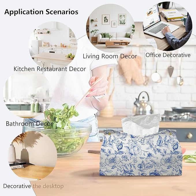 Blue Chinoiserie Tissue Box Cover Rectangle,Blue and White Floral Toilet Paper Box Holder,PU Leather Decorative Facial Paper Case for Living Room Bathroom Kitchen Office Desk,9.8x5.9x5.9In